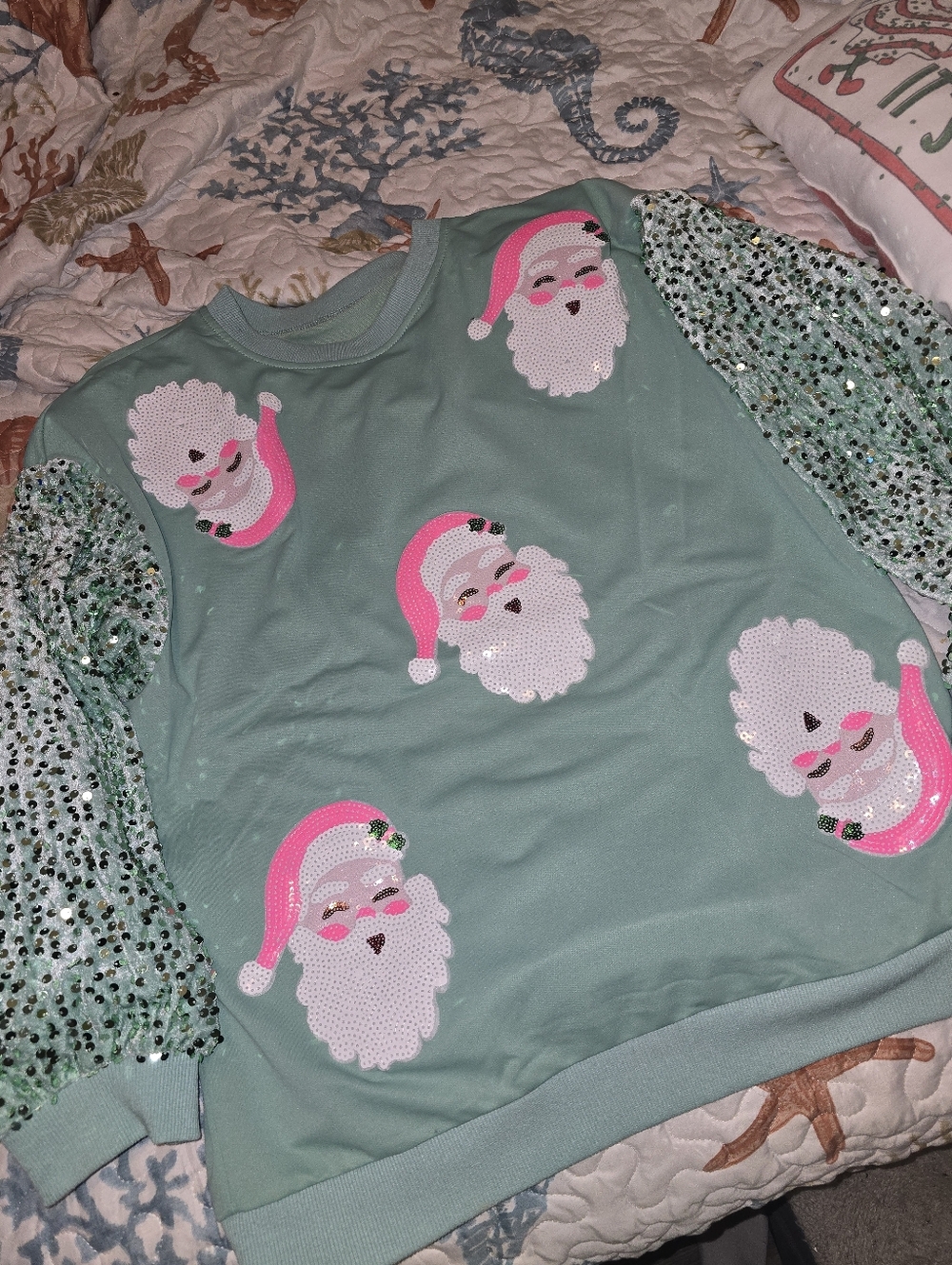 Womens Medium Sequin Santa Sweatshirt - Mint Green